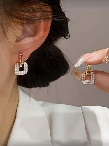 Gold Tone Crystal Open Square Earrings