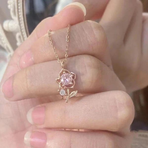 Pink Flower Rose Gold Pendant Necklace